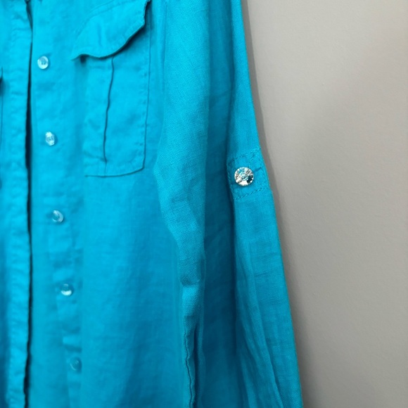 INC International Concepts Size 0 Blue Linen Long Sleeve Button Down - Picture 5 of 13